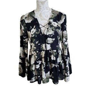 Buddy Love Peplum Top Black Floral Boho Peplum Long Bell Sleeves Women's XS